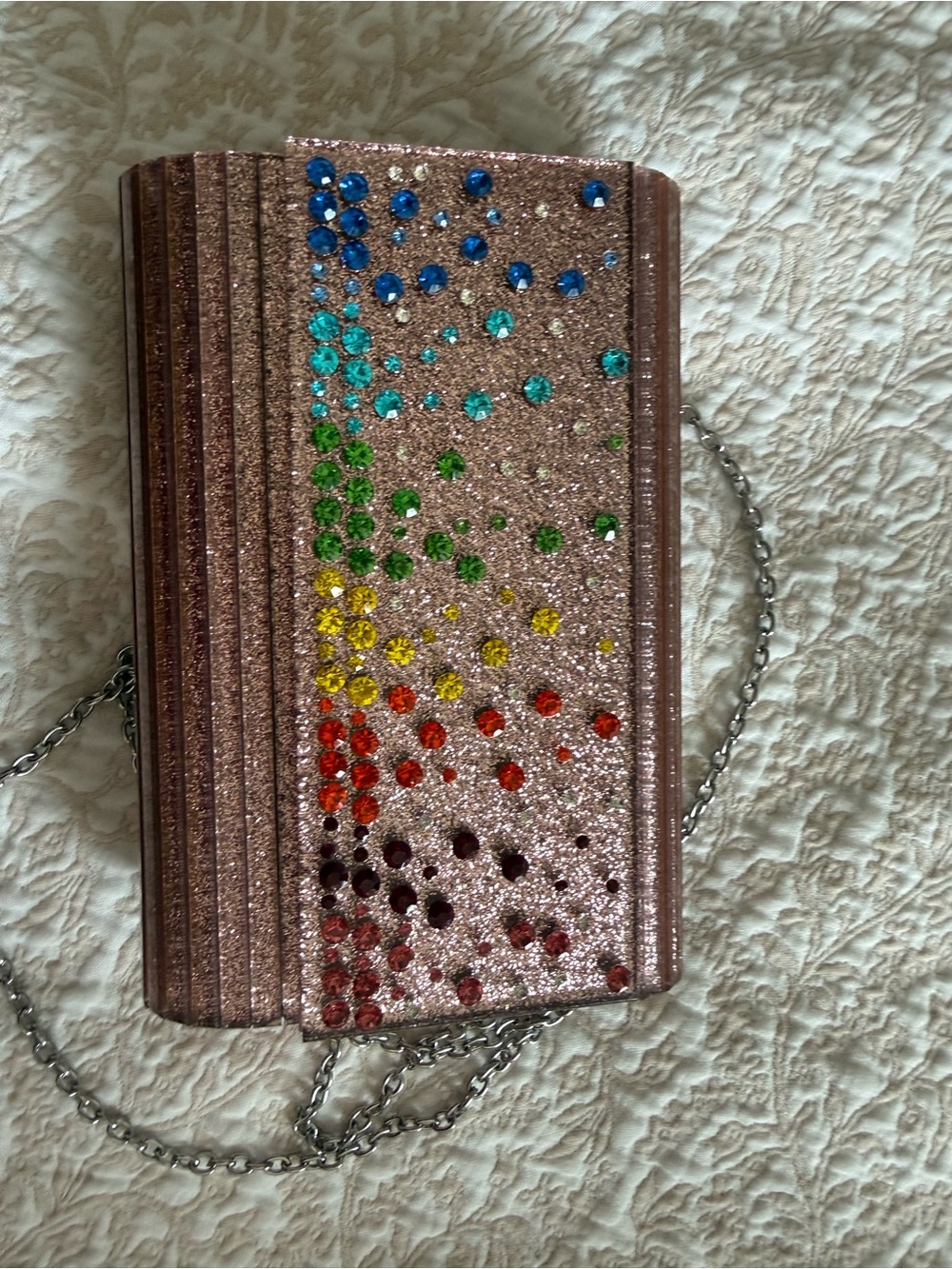 Kurt Geiger Pink Glitter Clutch with Rainbow Crystal Embellishments, New